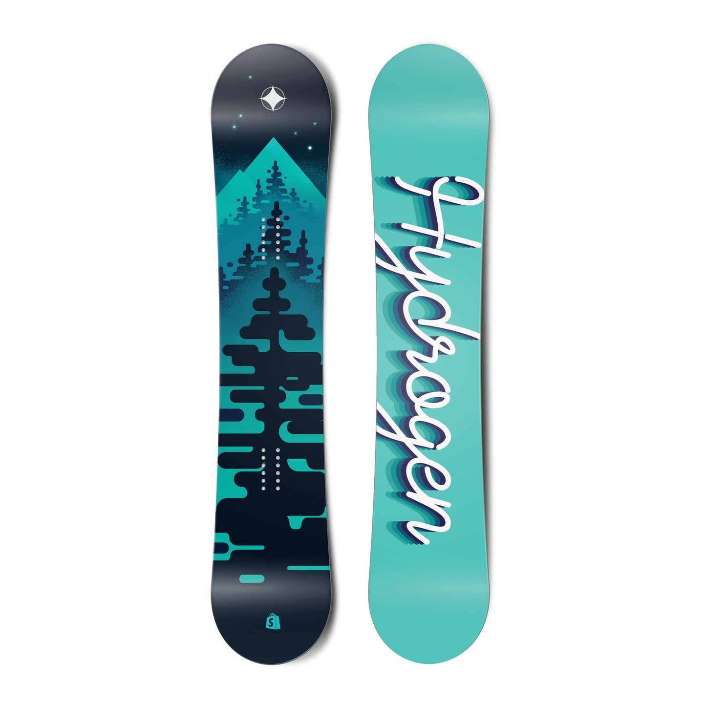 The top and bottom view of a snowboard. The top has view is turquoise and black with graphics of
          trees. The bottom view is turquoise with the word hydrogen written in cursive.